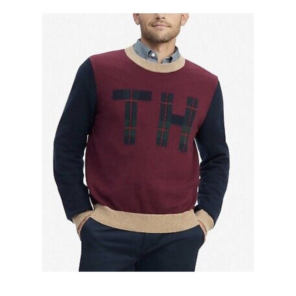 TOMMY HILFIGER Zinfadel Red Plaid Logo Sweater XXL